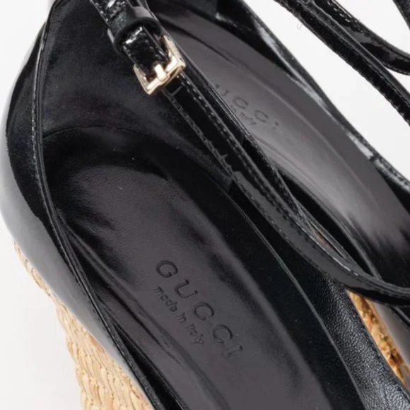 Gucci Horsebit Black Patent Leather Espadrille Wedges - Picture 10 of 12